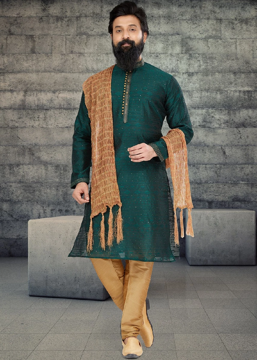 Green Jacquard Mens Kurta Pajama, 36-1.webp